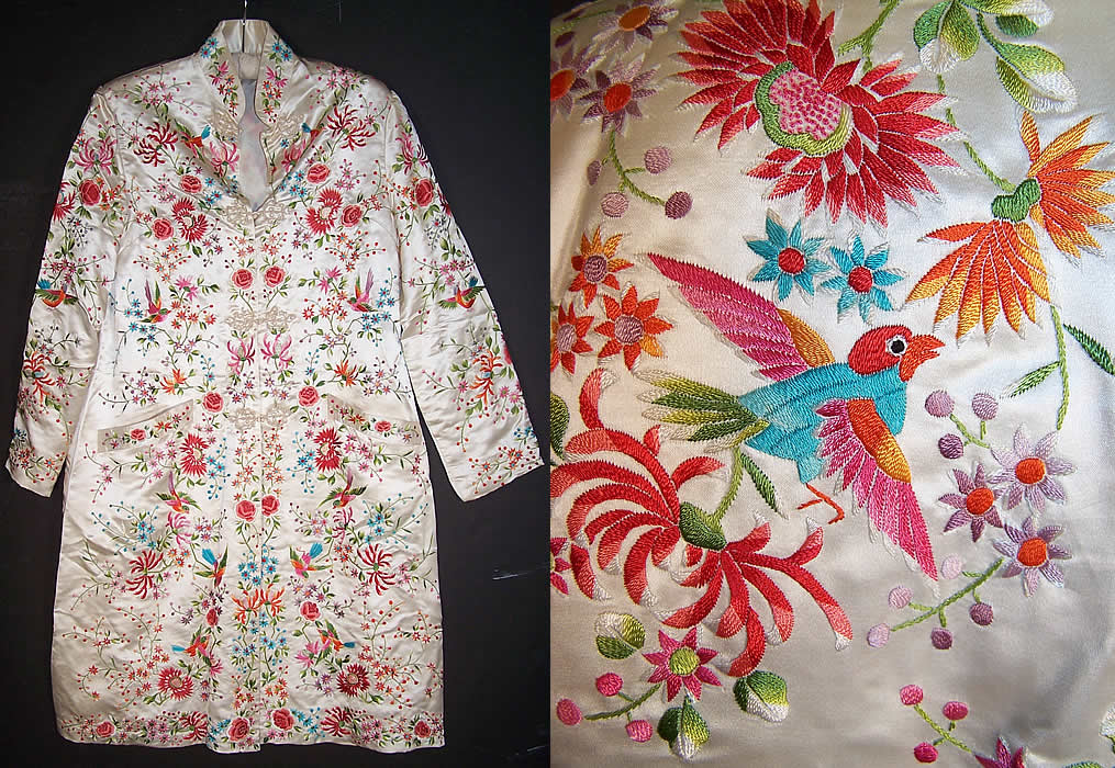 Vintage Plum Blossoms Chinese Silk Embroidered Floral Bird Coat front view.