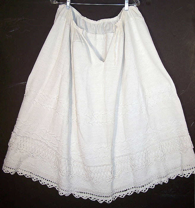 Victorian Hand Knit Crochet White Wool Winter Petticoat Skirt back Close up.