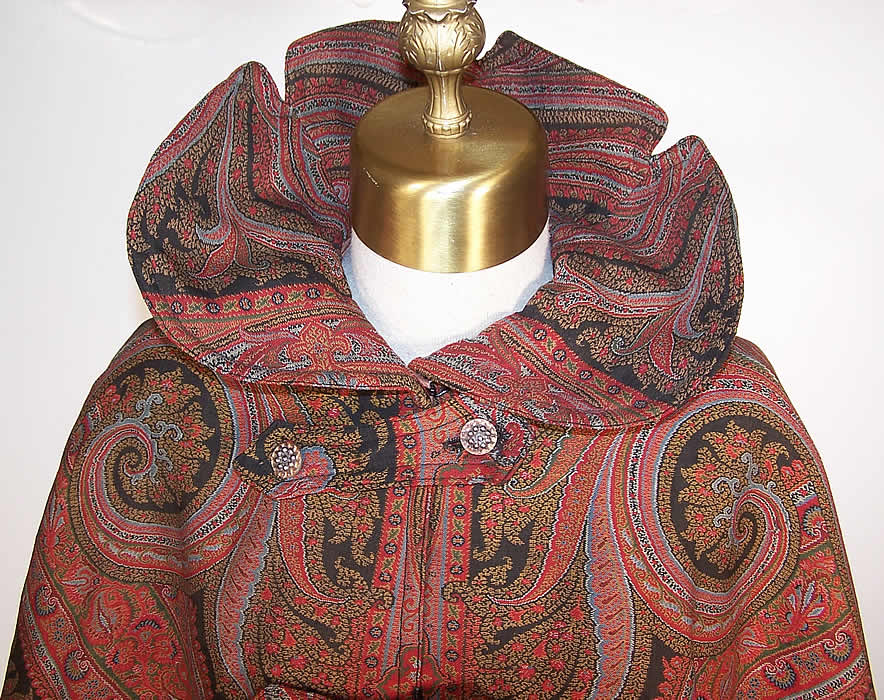 Victorian Wool Paisley Shawl Stand Up Collar Cloak Cape front top View.