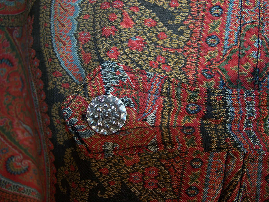 Victorian Wool Paisley Shawl Stand Up Collar Cloak Cape close-up view.