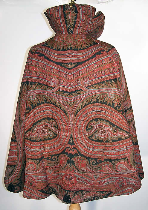 Victorian Wool Paisley Shawl Stand Up Collar Cloak Cape back view