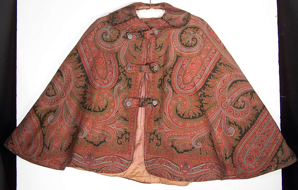 Victorian Wool Paisley Shawl Stand Up Collar Cloak Cape Close up.