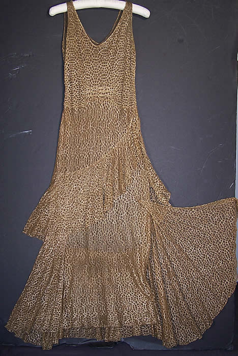 Vintage Gold Metallic Lamé Lace Bias Cut Evening Gown Dress Bolero Jacket flat front view.