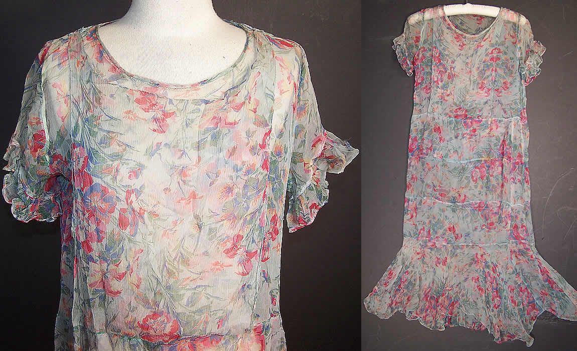 Vintage Blue Silk Chiffon Wildflower Floral Print Drop Waist Dress front View.