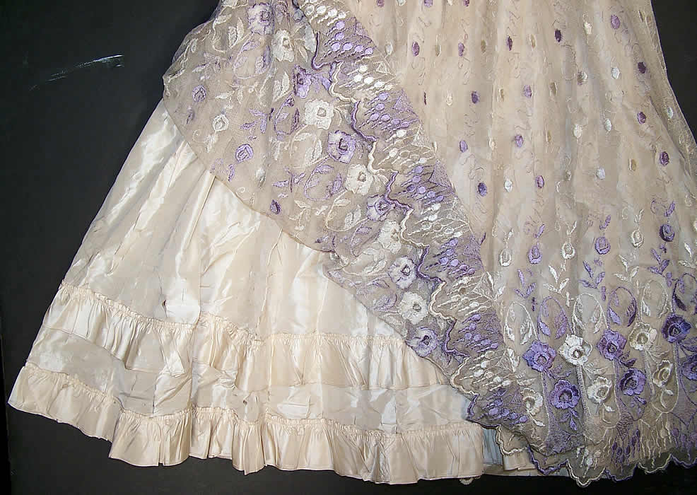 Edwardian Suffragette Purple & White Embroidered Floral Polka Dot Net Lace Dress Blouse Skirt Close up.