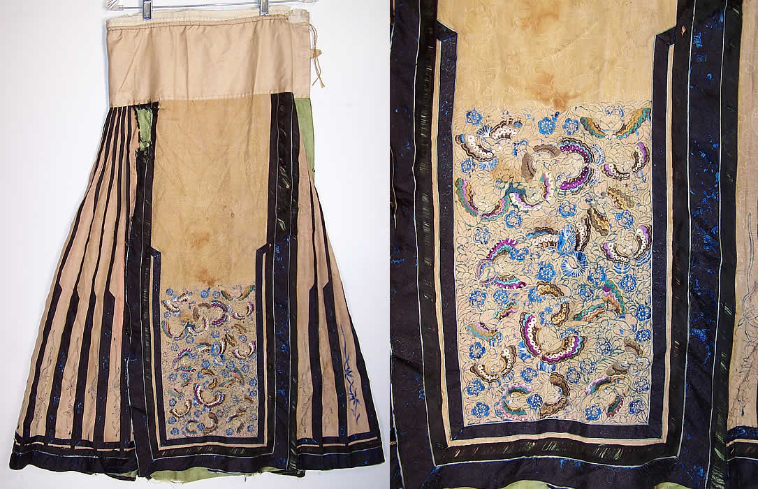 Antique Chinese Yellow Silk Embroidered Butterfly Manchu Court Skirt   Front view.