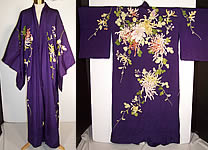 Antique Japanese Purple Silk Padded Satin Stitch Embroidery Chrysanthemum Kimono 