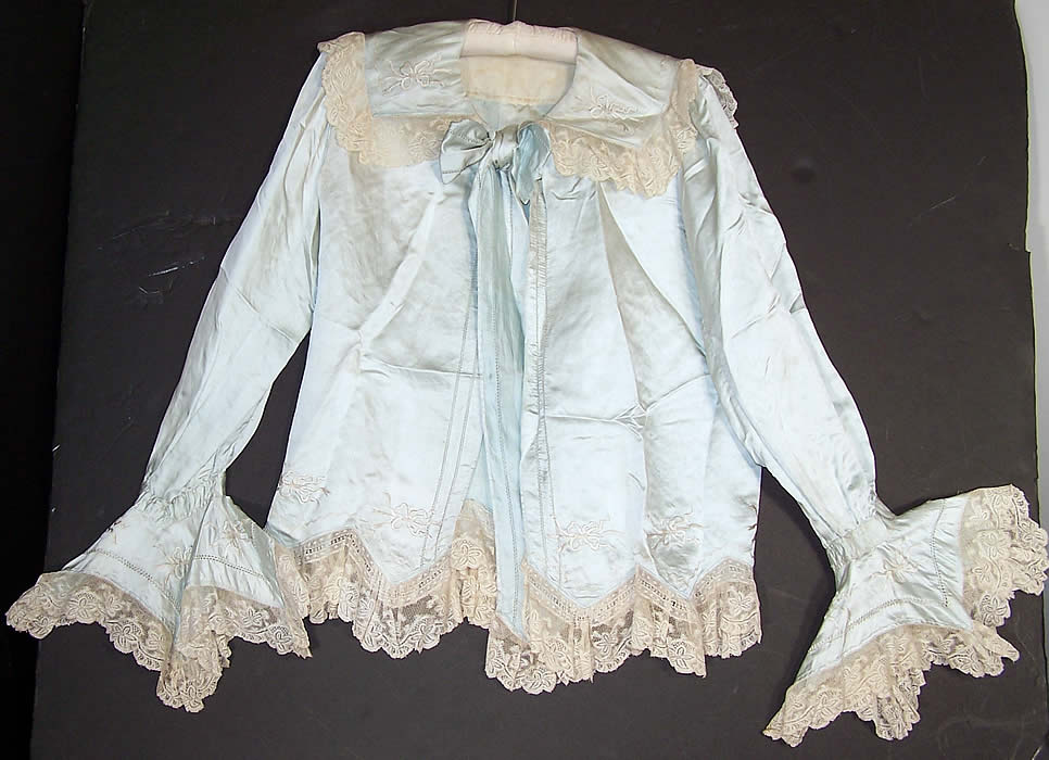 Edwardian Blue Silk Embroidered Bow Lace Bed Jacket Robe Petticoat Skirt Trousseau front view