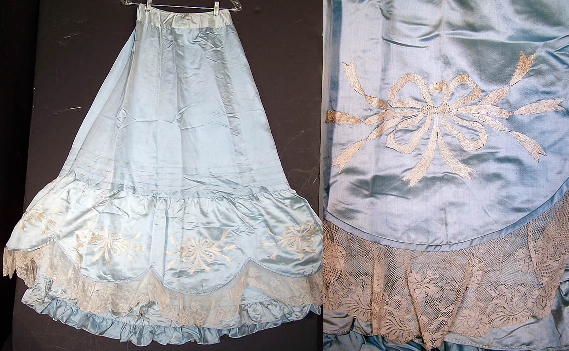 Edwardian Blue Silk Embroidered Bow Lace Bed Jacket Robe Petticoat Skirt Trousseau Close up.