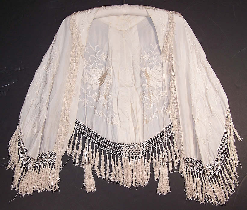 Antique White Silk Embroidered Tassel Wedding Shawl Cape Cloak  Close up.