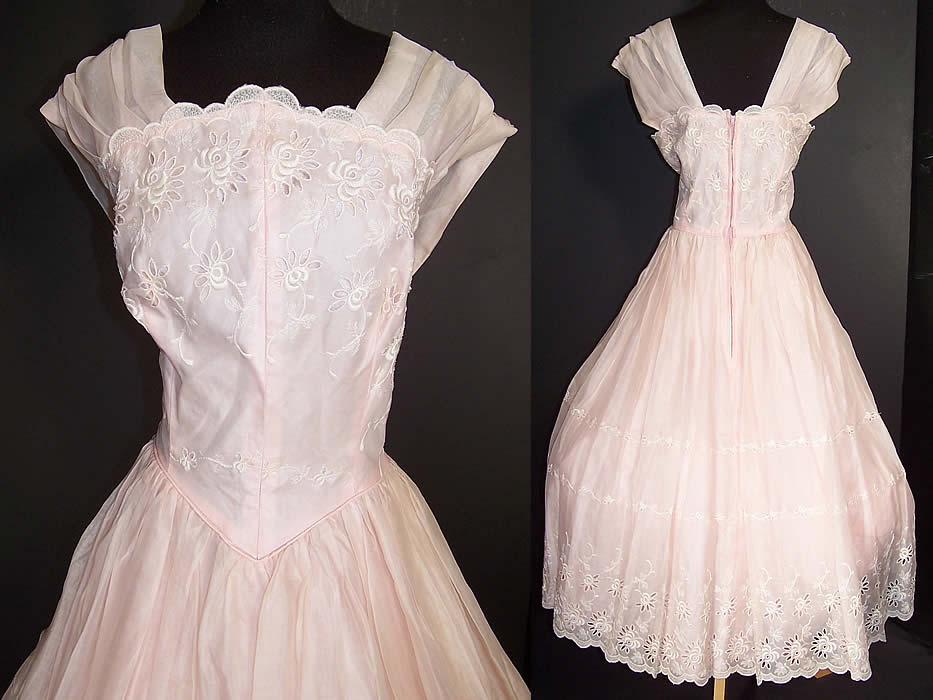 Vintage Carol Gowns Mr Walter Pink Organdy Eyelet Embroidered Circle Skirt Dress Back View.