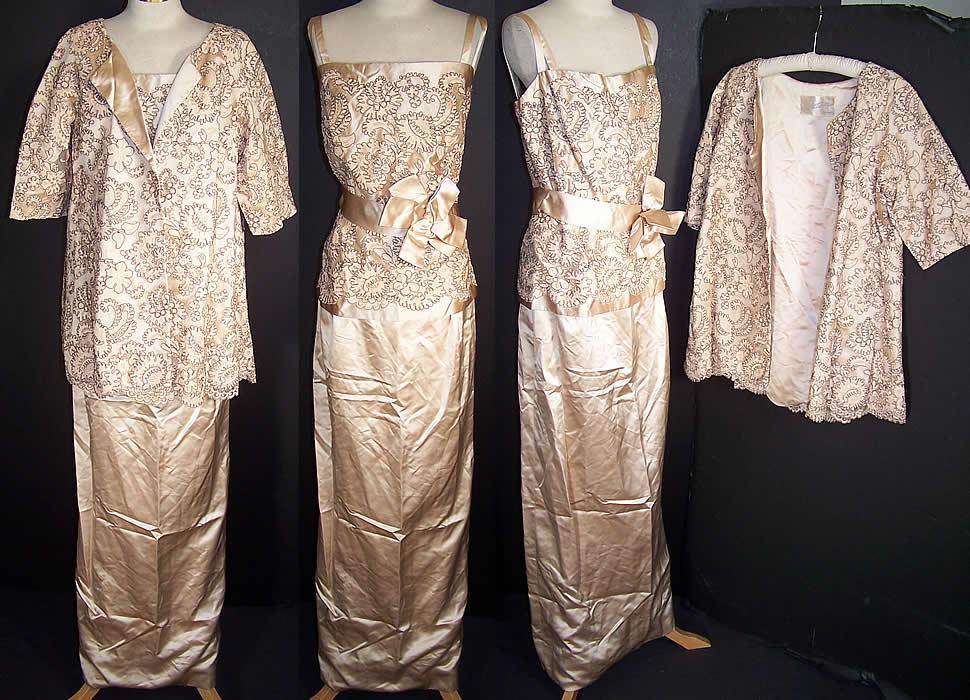 Vintage Lou Lattimore Cream Silk Satin Lace Evening Gown Dress Jacket