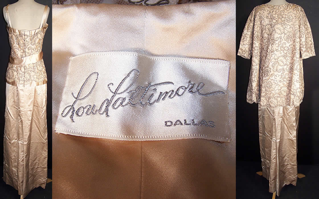 Vintage Lou Lattimore Cream Silk Satin Lace Evening Gown Dress Jacket back views and label