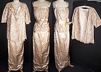 Vintage Lou Lattimore Cream Silk Satin Lace Evening Gown Dress Jacket