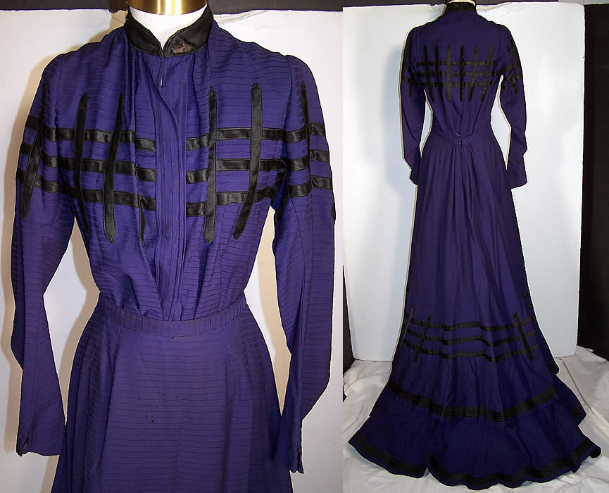 Victorian Violet Purple Wool Black Lattice Visiting Gown Dress Bodice Skirt Train front close up & back View.