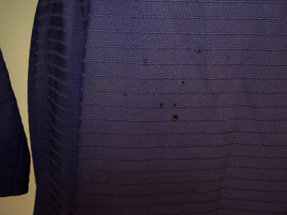 Victorian Violet Purple Wool Black Lattice Visiting Gown Dress Bodice Skirt Train several small age spots stains and moth holes close up.