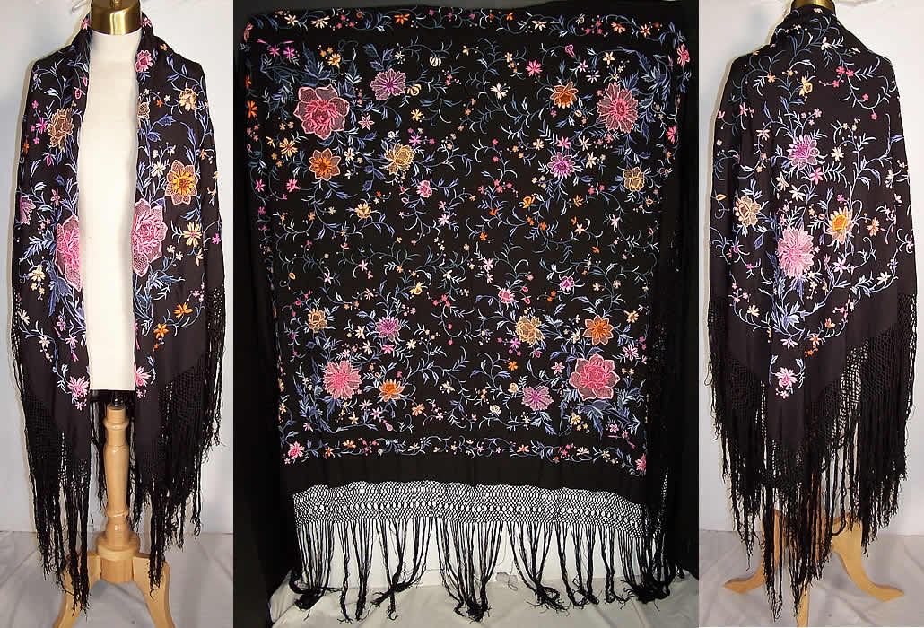 Antique Black Silk Colorful Floral French Knot Embroidered Canton Piano Shawl