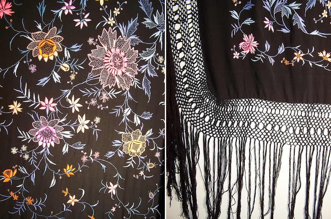 Antique Black Silk Colorful Floral French Knot Embroidered Canton Piano Shawl two close ups