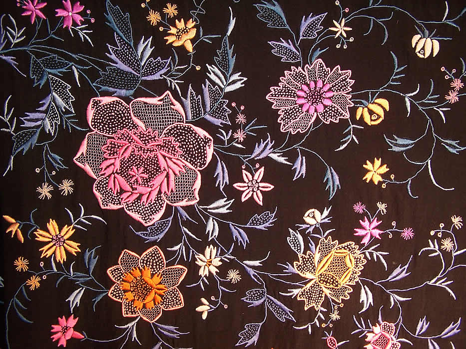 Antique Black Silk Colorful Floral French Knot Embroidered Canton Piano Shawl closer up