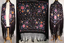 Antique Black Silk Colorful Floral French Knot Embroidered Piano Shawl