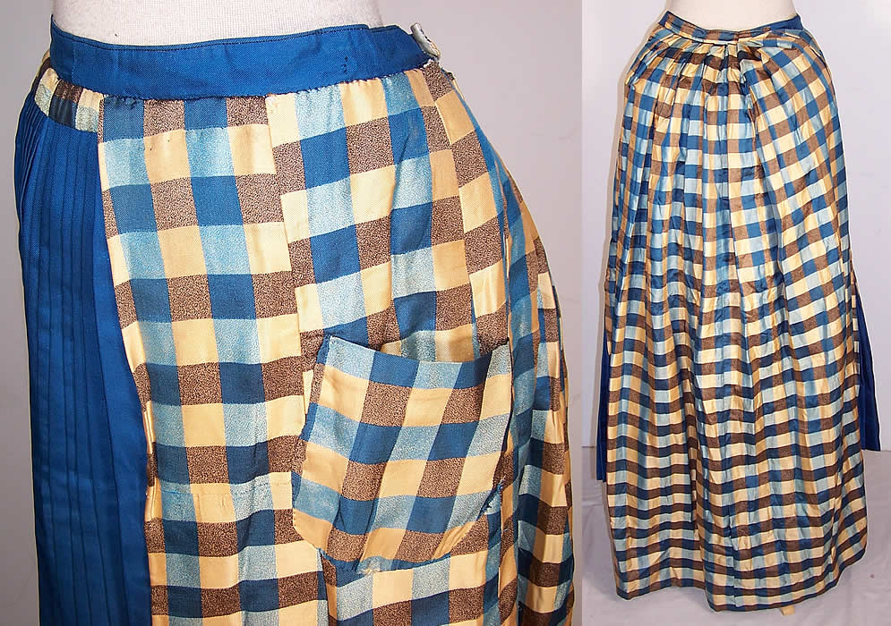 Victorian Girls Blue & Yellow Silk Plaid Pleated Bustle Skirt Back View.