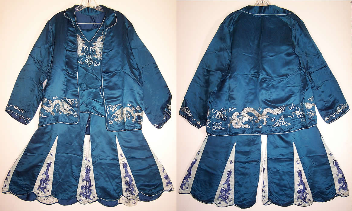 Vintage Blue Silk Embroidered Asian Dragon Pajamas Lounge Set front and back views