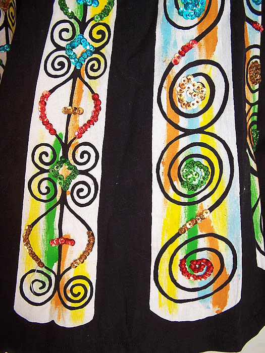 Unworn Vintage Hand Painted Colorful Sequin Mexican Circle Skirt close-up view.