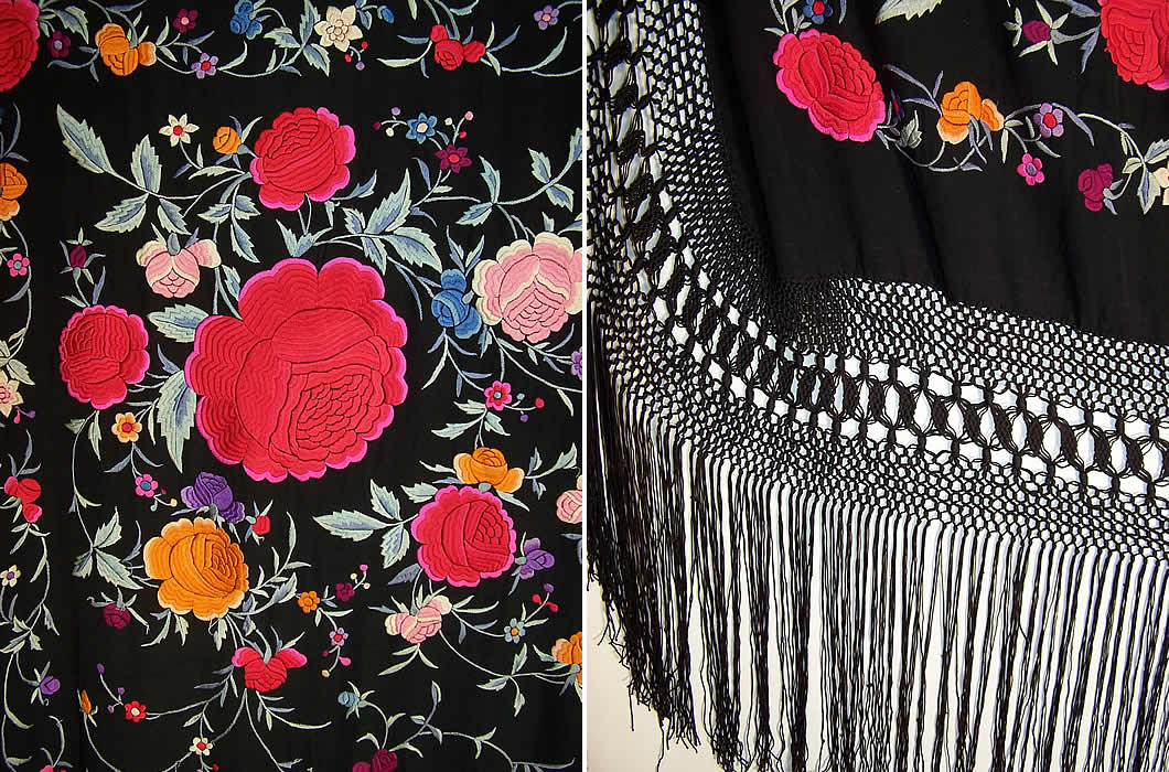 Antique Floral Red Roses Black Silk Embroidered Canton Piano Shawl Close-up View.