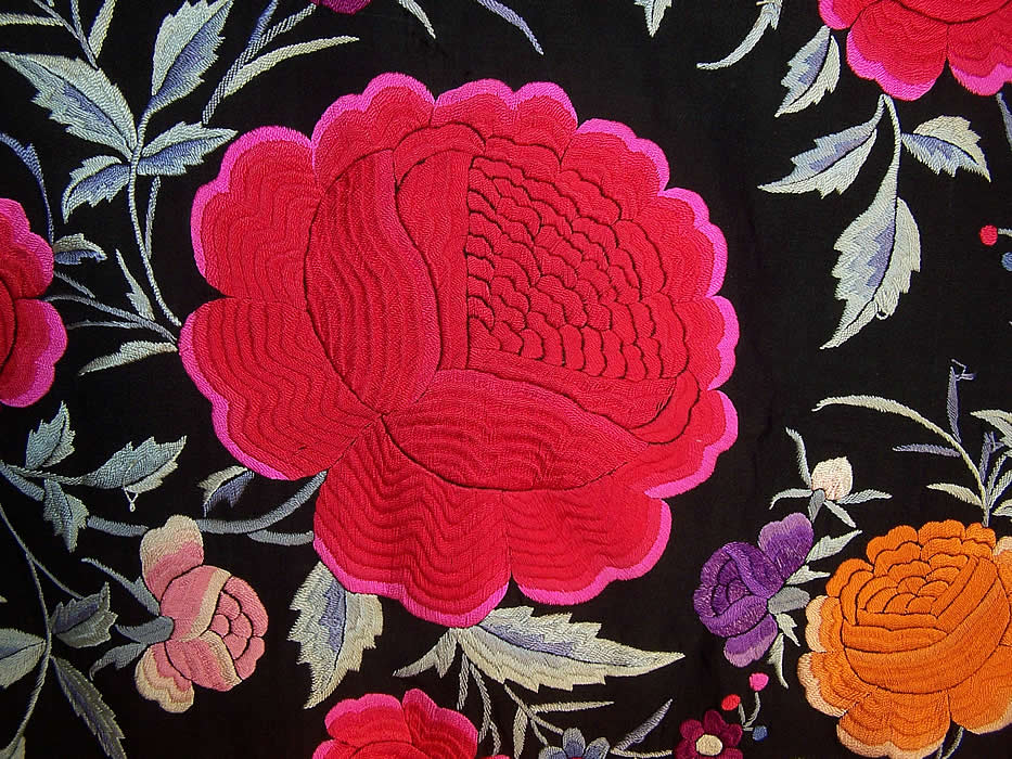 Antique Floral Red Roses Black Silk Embroidered Canton Piano Shawl close-up view.