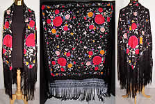 Antique Floral Red Roses Black Silk Embroidered Canton Piano Shawl