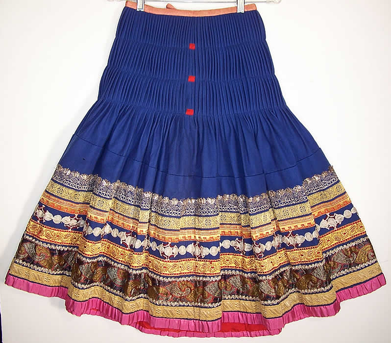 Vintage Czech Bohemia Folk Costume Blue Pleated Embroidered Ribbon Skirt