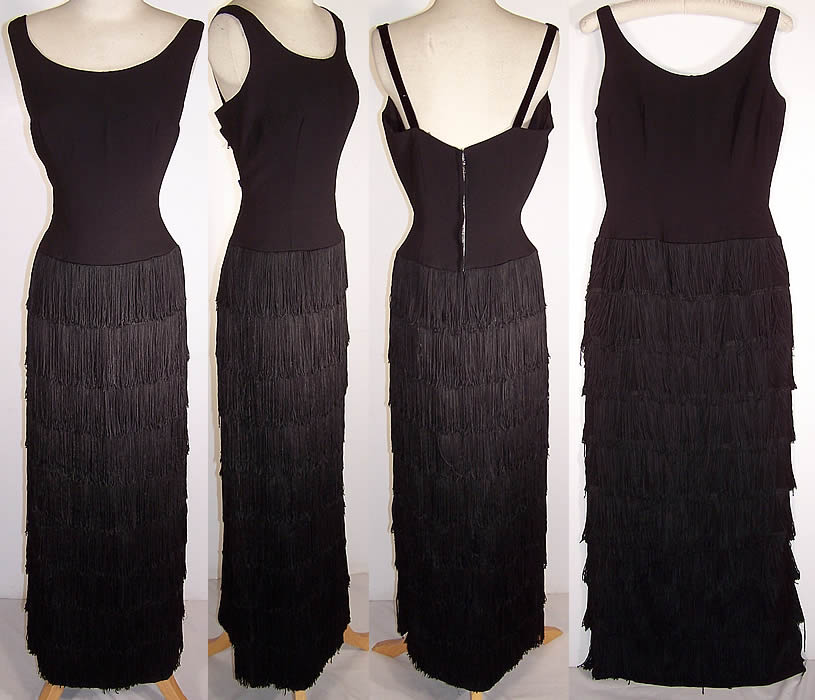 Vintage Jr. Theme New York Black Fringe Wiggle Sheath Cocktail Dress