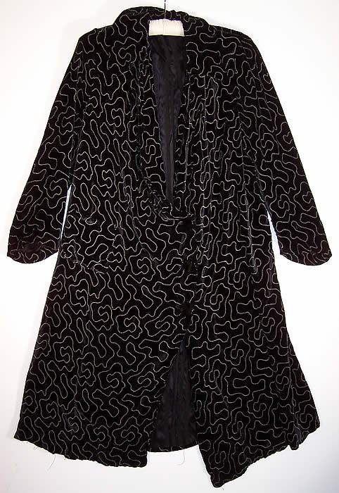 Vintage Art Deco Black Velvet White Painted Evening Cocoon Opera Coat