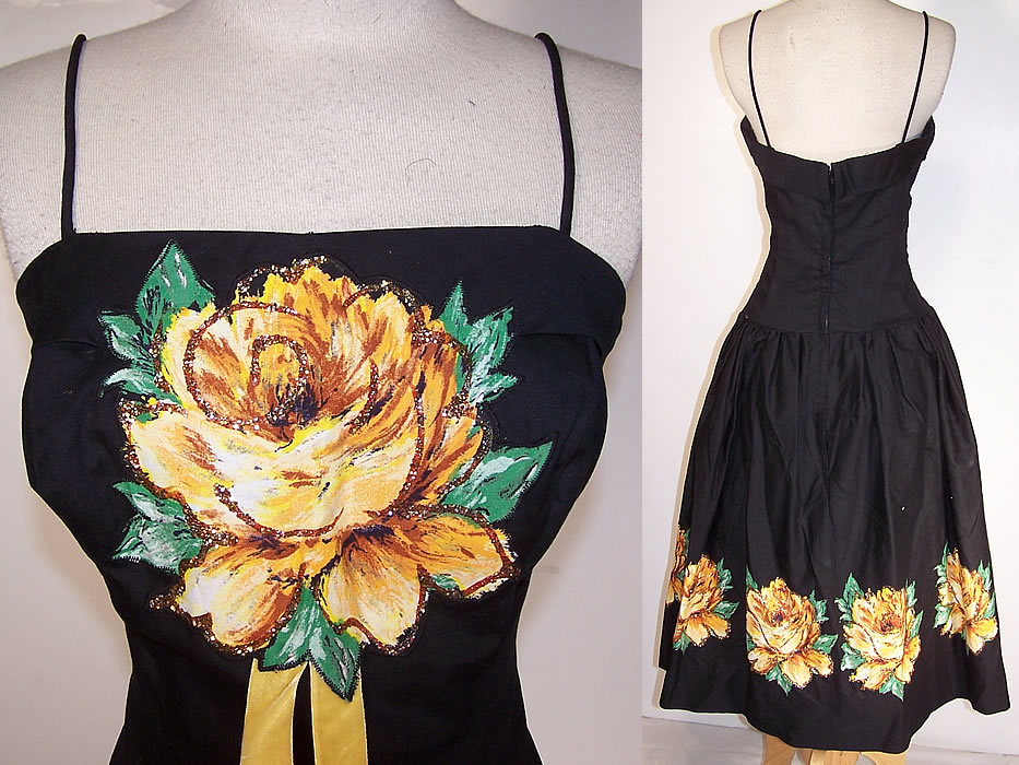 Vintage Jackie Morgan California Yellow Rose Applique Circle Skirt Dress close up & vack view.