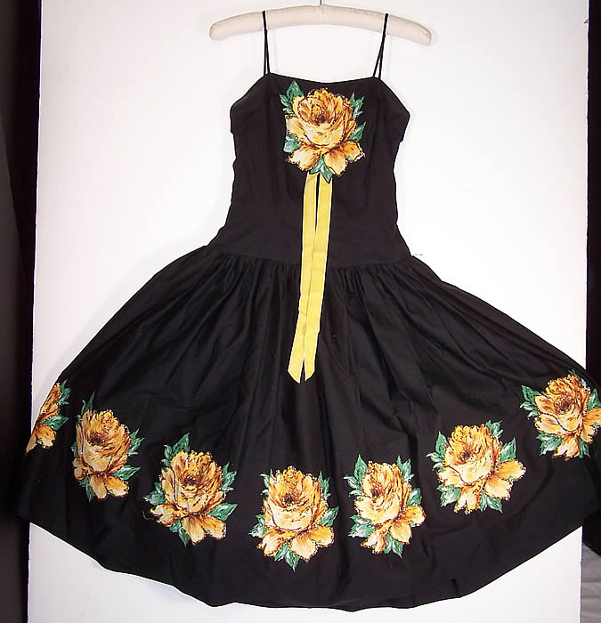 Vintage Jackie Morgan California Yellow Rose Applique Circle Skirt Dress on a hanger