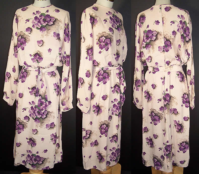 Vintage Purple Violet Flower Posy Print Rayon Crepe Belted Dress