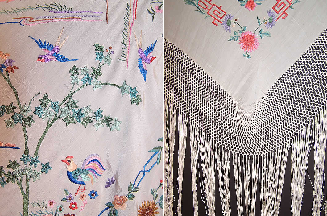 Antique Chinese Figural White Silk Embroidered Canton Piano Shawl Close up birds & fringe.