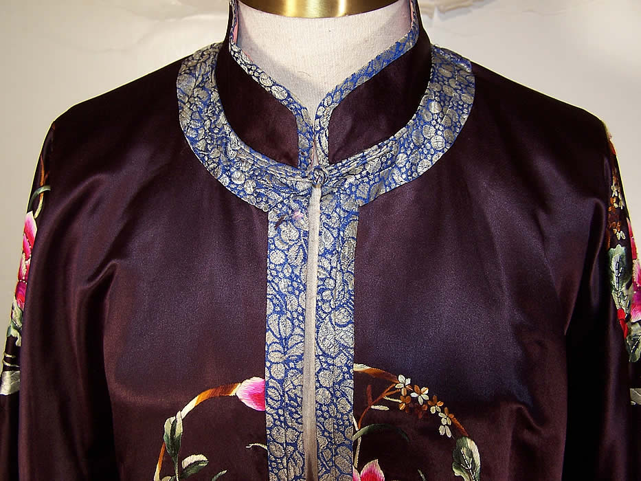 Vintage Chinese Silk Embroidered Forbidden Stitch Lotus Flower Robe Coat close up front view