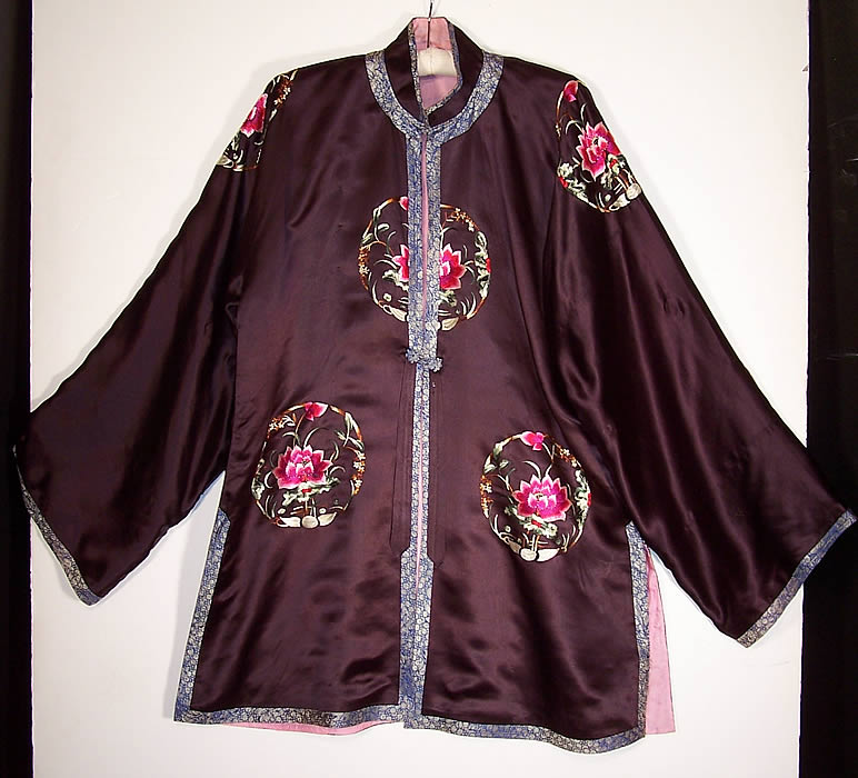 Vintage Chinese Silk Embroidered Forbidden Stitch Lotus Flower Robe Coat