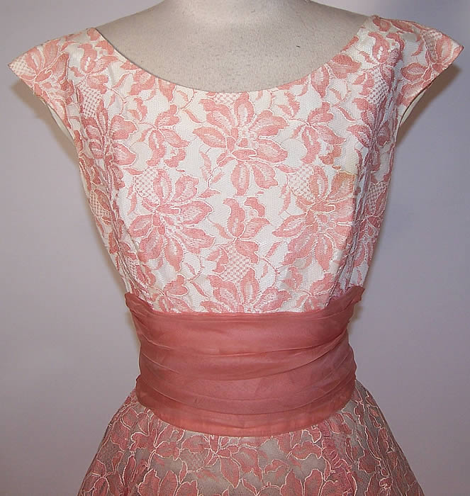 Vintage Pink & White Tulle Net Lace Circle Skirt Dress Formal  close up