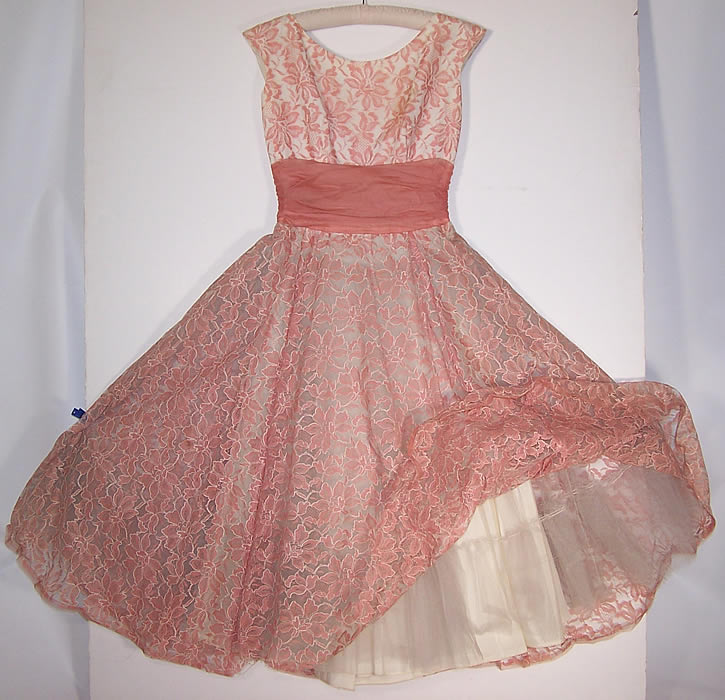 Vintage Pink & White Tulle Net Lace Circle Skirt Dress Formal 