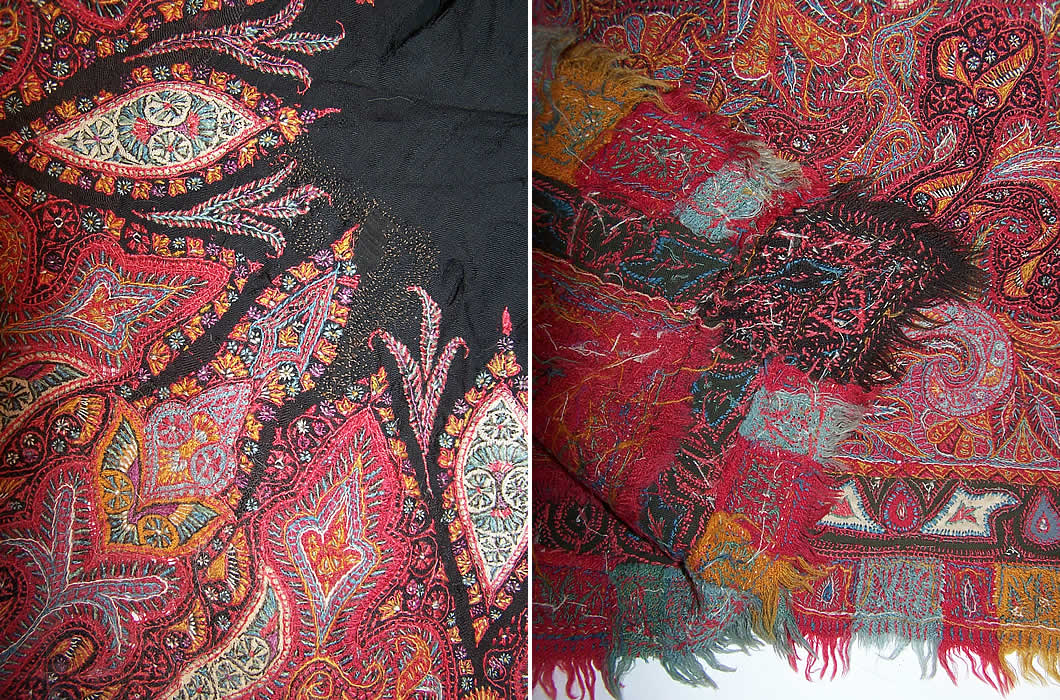 Antique Victorian Kashmir Hand Woven Embroidered Pieced Paisley Shawl 2 Close ups with several frayed rips in the black wool center which has been mended and patched on the back  and back with fringe