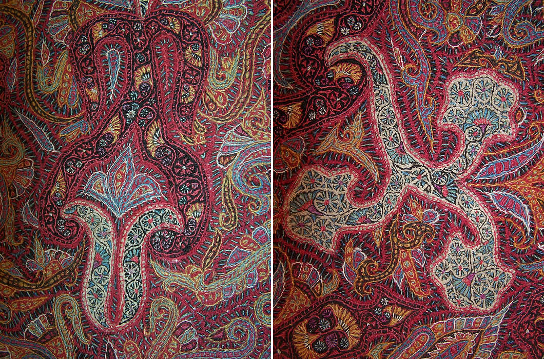 Antique Victorian Kashmir Hand Woven Embroidered Pieced Paisley Shawl 2 Close ups