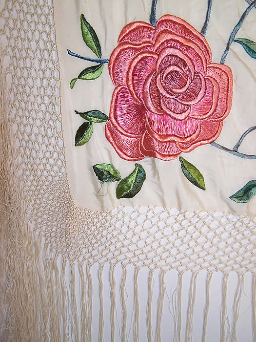 Art Deco White Silk Pink Roses Floral Embroidered Piano Shawl close up shows the fringe