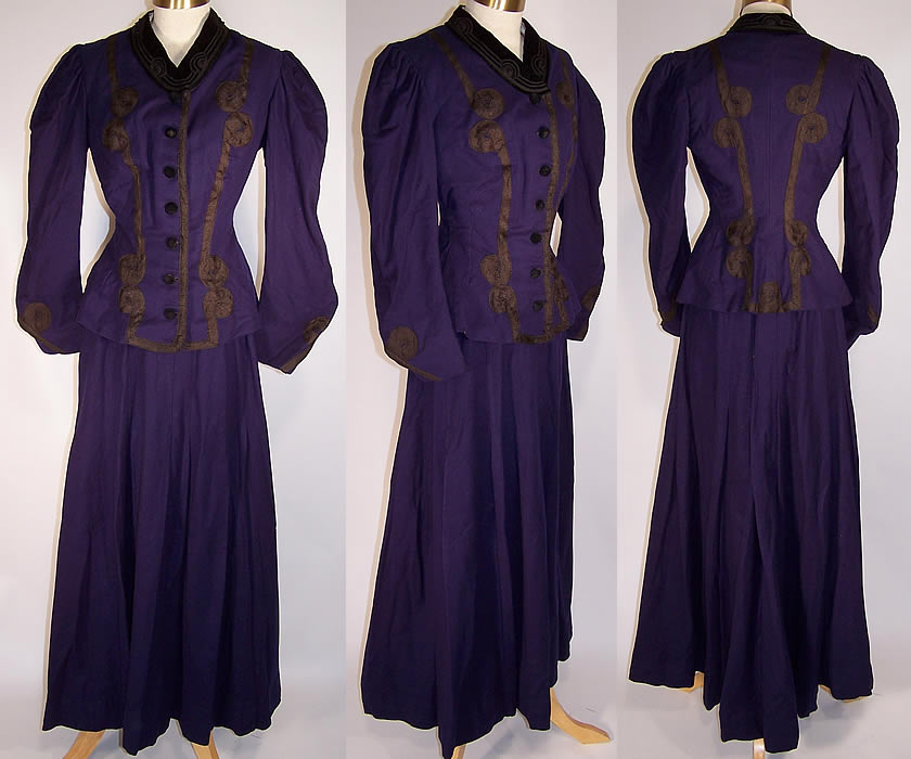 Victorian Violet Purple Wool Black Soutache Walking Suit Bodice Jacket Skirt