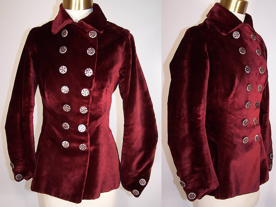 Victorian Plush Velvet Burgundy Red Winter Jacket Double Breasted Coat