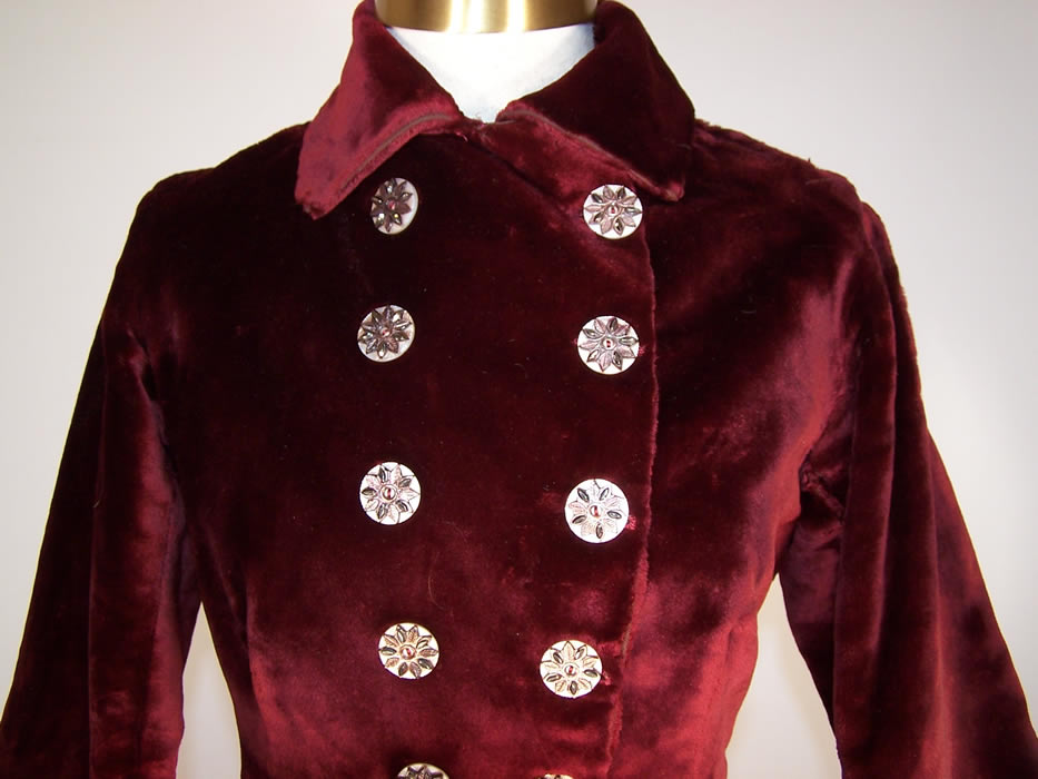 Victorian Plush Velvet Burgundy Red Winter Jacket Double Breasted Coat close up