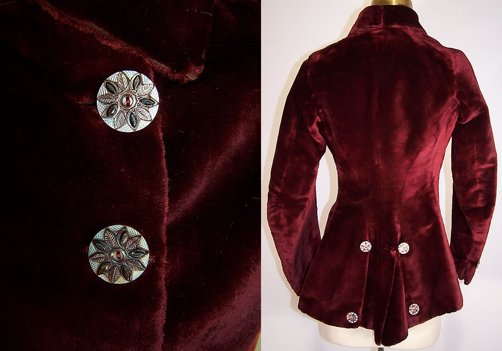 Victorian Plush Velvet Burgundy Red Winter Jacket Double Breasted Coat button close up & back view