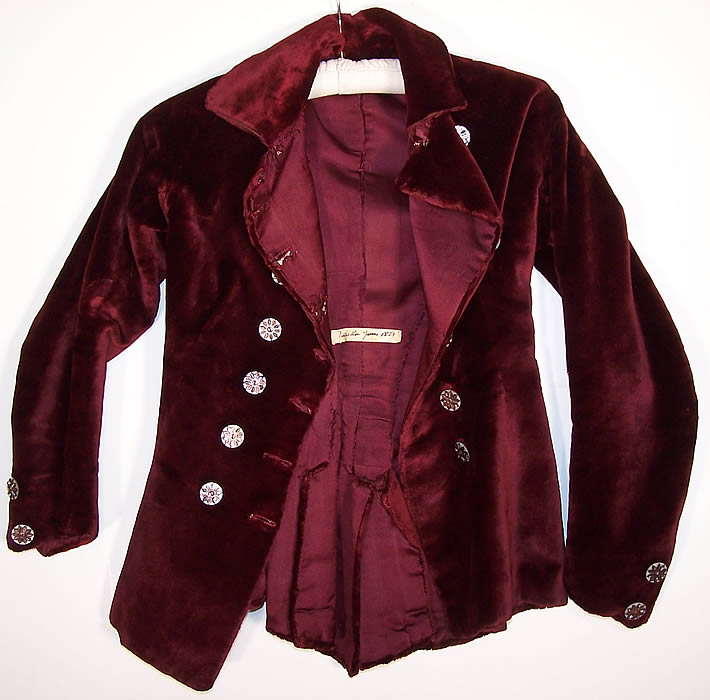 Victorian Plush Velvet Burgundy Red Winter Jacket Double Breasted Coat shows the lining and label