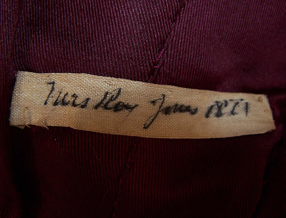 Victorian Plush Velvet Burgundy Red Winter Jacket Double Breasted Coat with a note of provenance sewn inside from "Mrs. Roy Jones 1871"